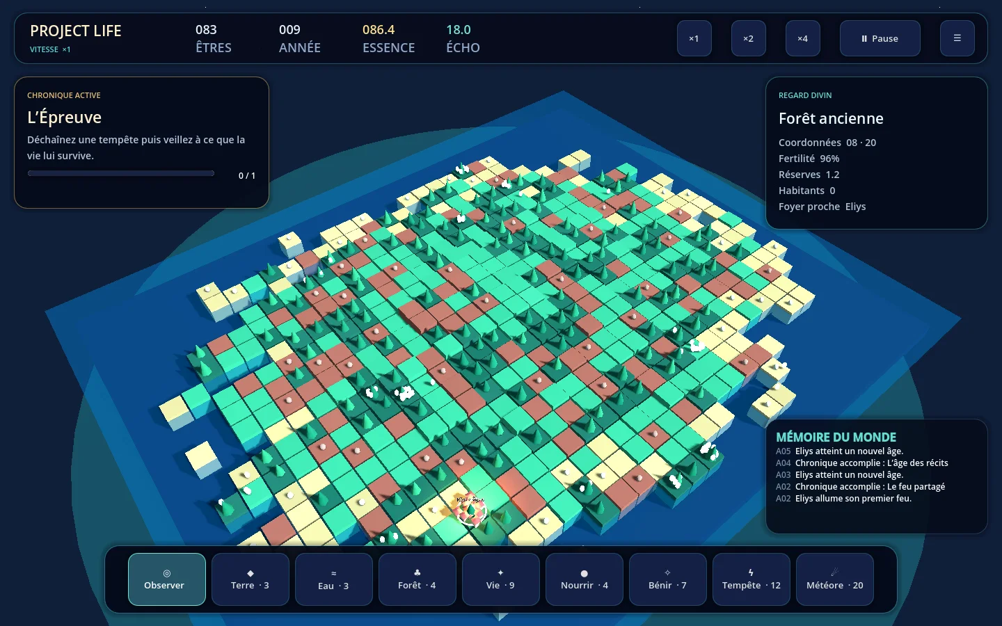 Project Life en jeu : archipel 3D, civilisation et interface de pouvoirs