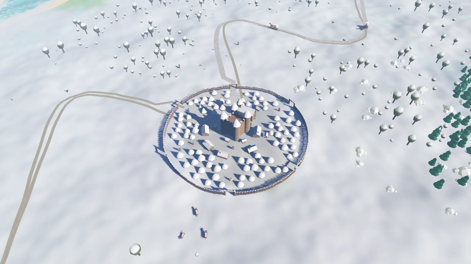 Une cité palissadée sous la neige, ses toits et ses arbres blanchis