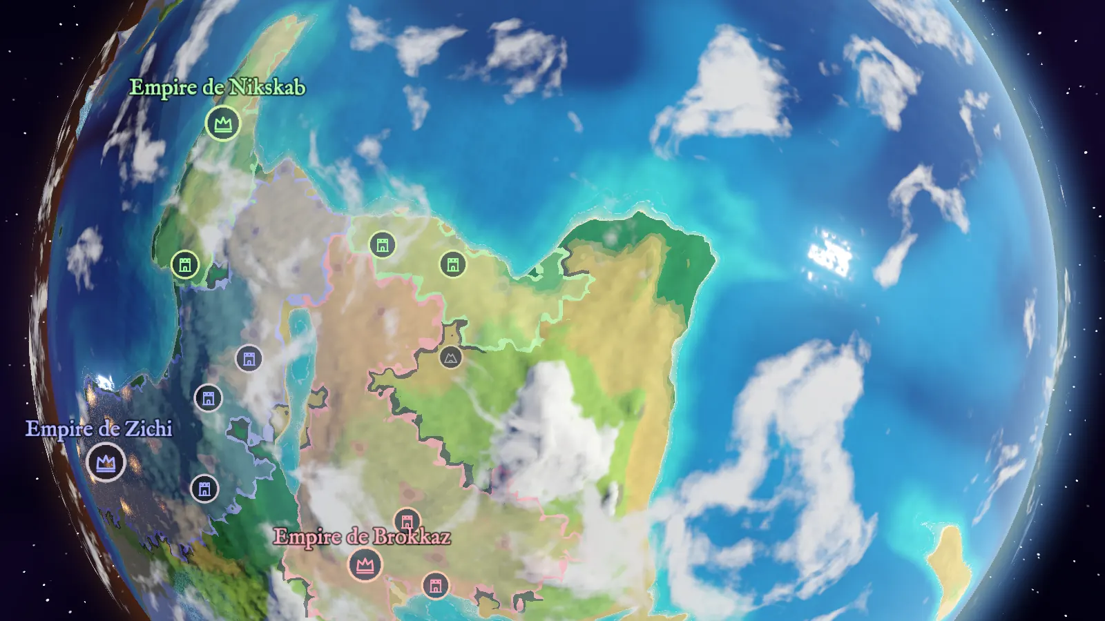 Un continent vu de haut : ses royaumes nommés, ses cités, ses mers et ses nuages
